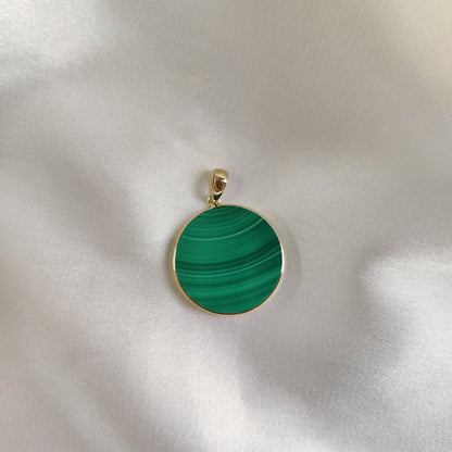 Natural Malachite Pendant, Malachite Pendant Set in 14K Solid Yellow Gold, May Birthstone Pendant, Round Bezel Pendant, Malachite Jewelry