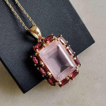 Natural Rose Quartz Rhodolite Garnet Pendant, 14K Solid Gold Rose Quartz Garnet Pendant, January June Birthstone, Rose Quartz Garnet Jewelry