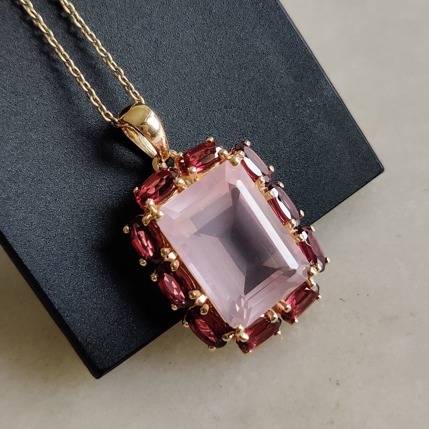 Natural Rose Quartz Rhodolite Garnet Pendant, 14K Solid Gold Rose Quartz Garnet Pendant, January June Birthstone, Rose Quartz Garnet Jewelry