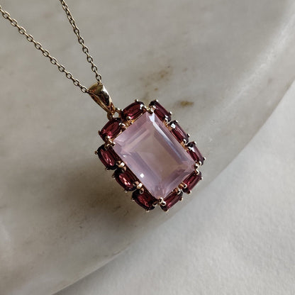 Natural Rose Quartz Rhodolite Garnet Pendant, 14K Solid Gold Rose Quartz Garnet Pendant, January June Birthstone, Rose Quartz Garnet Jewelry