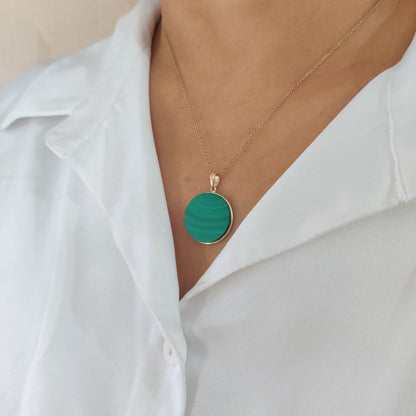 Natural Malachite Pendant, Malachite Pendant Set in 14K Solid Yellow Gold, May Birthstone Pendant, Round Bezel Pendant, Malachite Jewelry