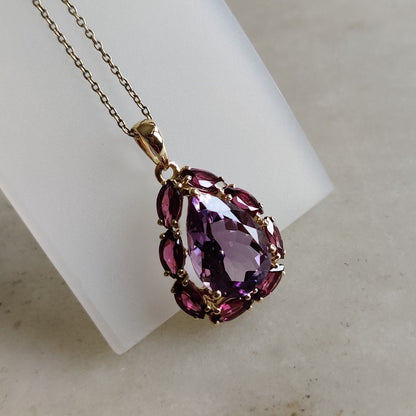 Natural Purple Amethyst & Rhodolite Garnet Pendant, 14K Solid Yellow Gold Pendant, February Birthstone, Amethyst Jewelry, Christmas Present