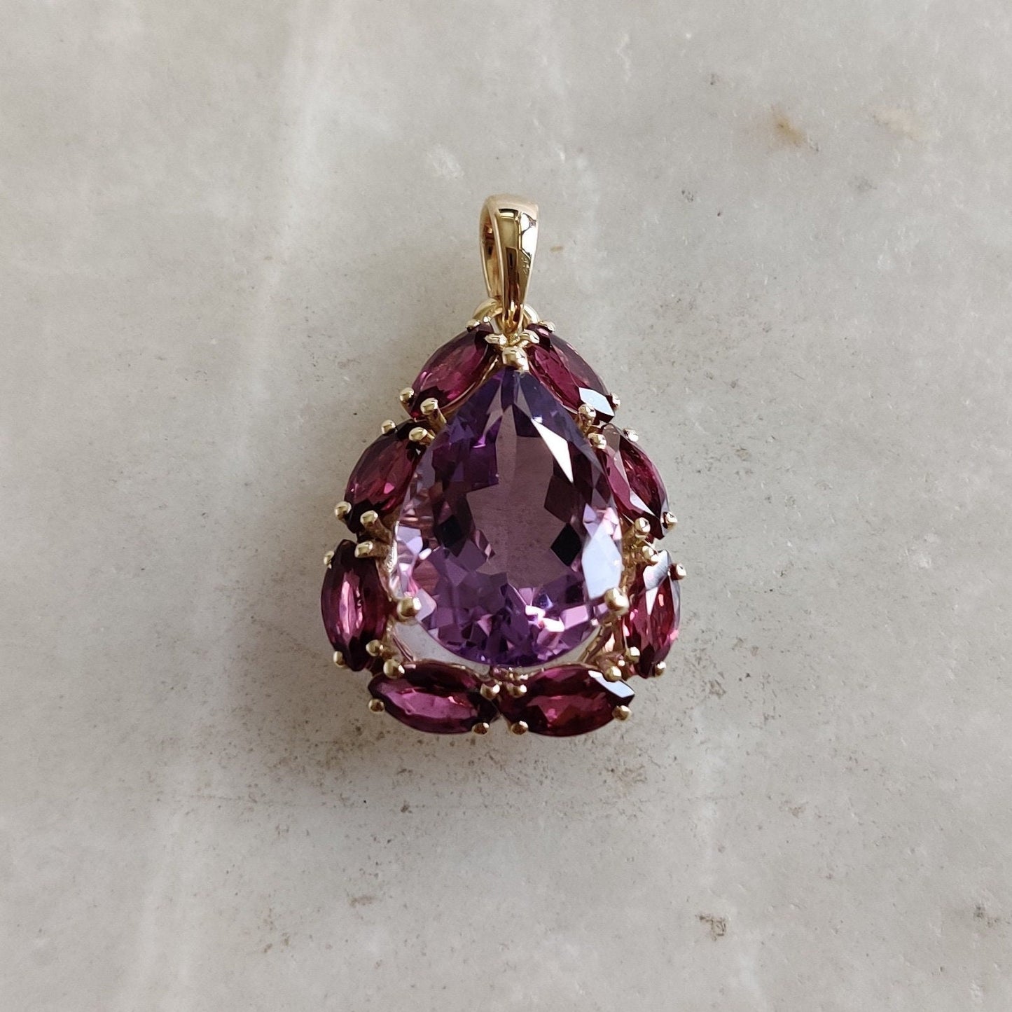 Natural Purple Amethyst & Rhodolite Garnet Pendant, 14K Solid Yellow Gold Pendant, February Birthstone, Amethyst Jewelry, Christmas Present