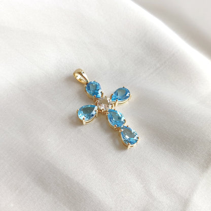 Natural Swiss Blue Topaz Pendant, 14K Solid Gold Swiss Blue Topaz Pendant, Solid Gold Cross Pendant, December Birthstone, Holy Cross Pendant