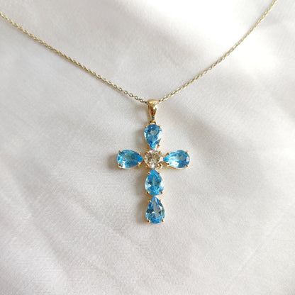 Natural Swiss Blue Topaz Pendant, 14K Solid Gold Swiss Blue Topaz Pendant, Solid Gold Cross Pendant, December Birthstone, Holy Cross Pendant