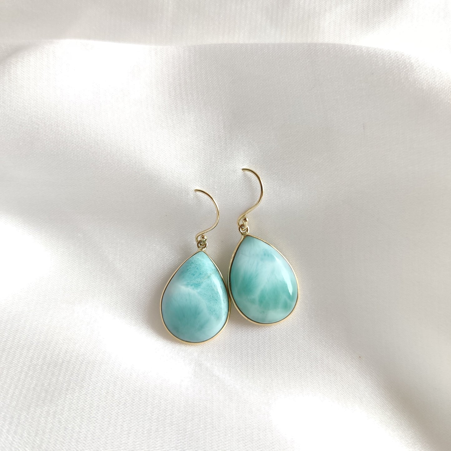 14K Gold Larimar Earrings, Natural Larimar Bezel Earrings, 14K Solid Yellow Gold Earrings, March Birthstone, Drop Earrings, Christmas Gift