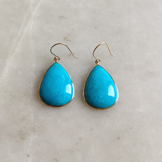 14k Gold Turquoise Earrings ,Natural Sleeping Beauty Turquoise Earrings, 14K Solid Yellow Gold Earrings, December Birthstone, Pear Earring