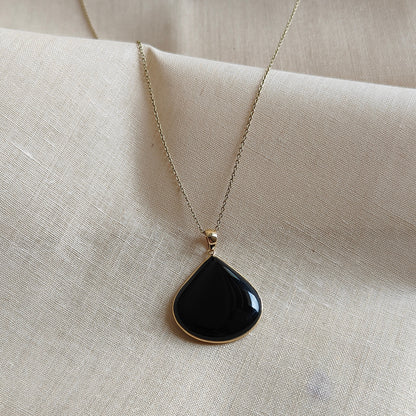 Natural Black Onyx Pendant, 14K Solid Yellow Gold Black Onyx Pendant, December Birthstone, Bezel Pendant, Flat Cut Pendant, Onyx Jewelry