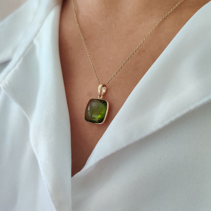 Natural Peridot Pendant, 14K Solid Yellow Gold Peridot Pendant, August Birthstone Pendant, Bezel Pendant, Square Pendant, Christmas Gift