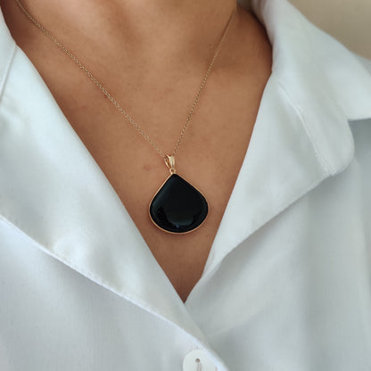 Natural Black Onyx Pendant, 14K Solid Yellow Gold Black Onyx Pendant, December Birthstone, Bezel Pendant, Flat Cut Pendant, Onyx Jewelry