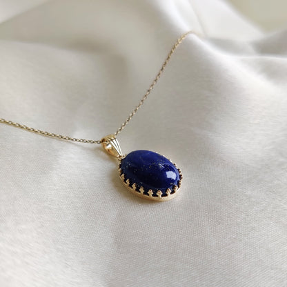 Natural Lapis Lazuli Pendant, 14K Solid Yellow Gold Lapis Lazuli Pendant, September Birthstone Pendant, Crown Bezel Pendant, Oval Pendant