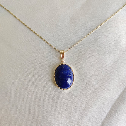 Natural Lapis Lazuli Pendant, 14K Solid Yellow Gold Lapis Lazuli Pendant, September Birthstone Pendant, Crown Bezel Pendant, Oval Pendant