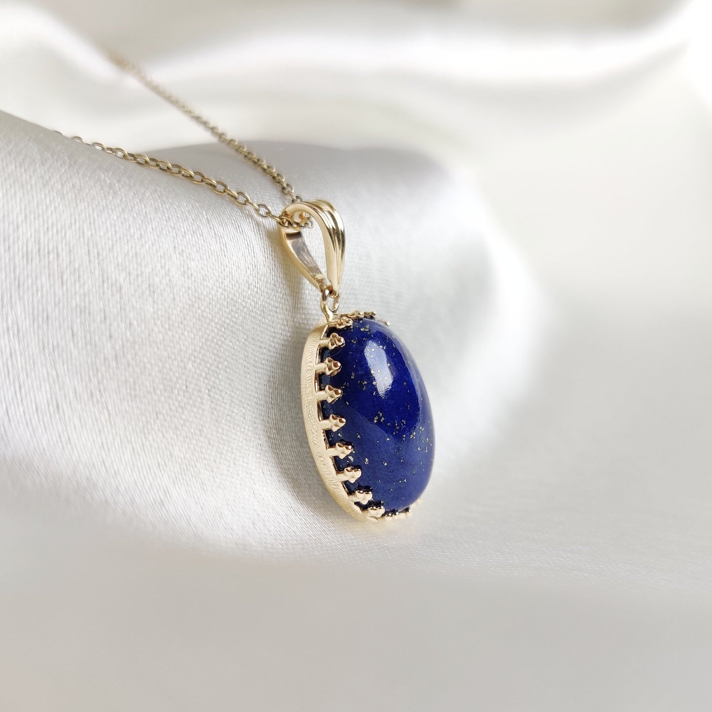 Natural Lapis Lazuli Pendant, 14K Solid Yellow Gold Lapis Lazuli Pendant, September Birthstone Pendant, Crown Bezel Pendant, Oval Pendant