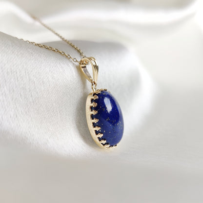 Natural Lapis Lazuli Pendant, 14K Solid Yellow Gold Lapis Lazuli Pendant, September Birthstone Pendant, Crown Bezel Pendant, Oval Pendant