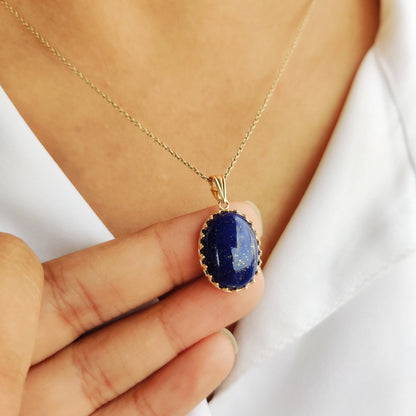 Natural Lapis Lazuli Pendant, 14K Solid Yellow Gold Lapis Lazuli Pendant, September Birthstone Pendant, Crown Bezel Pendant, Oval Pendant