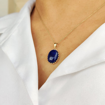 Natural Lapis Lazuli Pendant, 14K Solid Yellow Gold Lapis Lazuli Pendant, September Birthstone Pendant, Crown Bezel Pendant, Oval Pendant