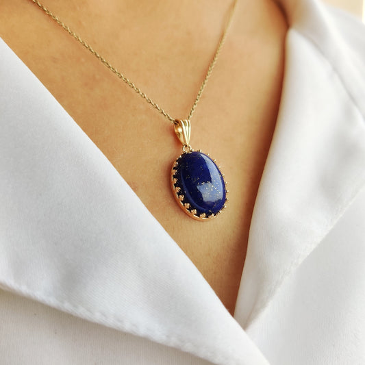 Natural Lapis Lazuli Pendant, 14K Solid Yellow Gold Lapis Lazuli Pendant, September Birthstone Pendant, Crown Bezel Pendant, Oval Pendant