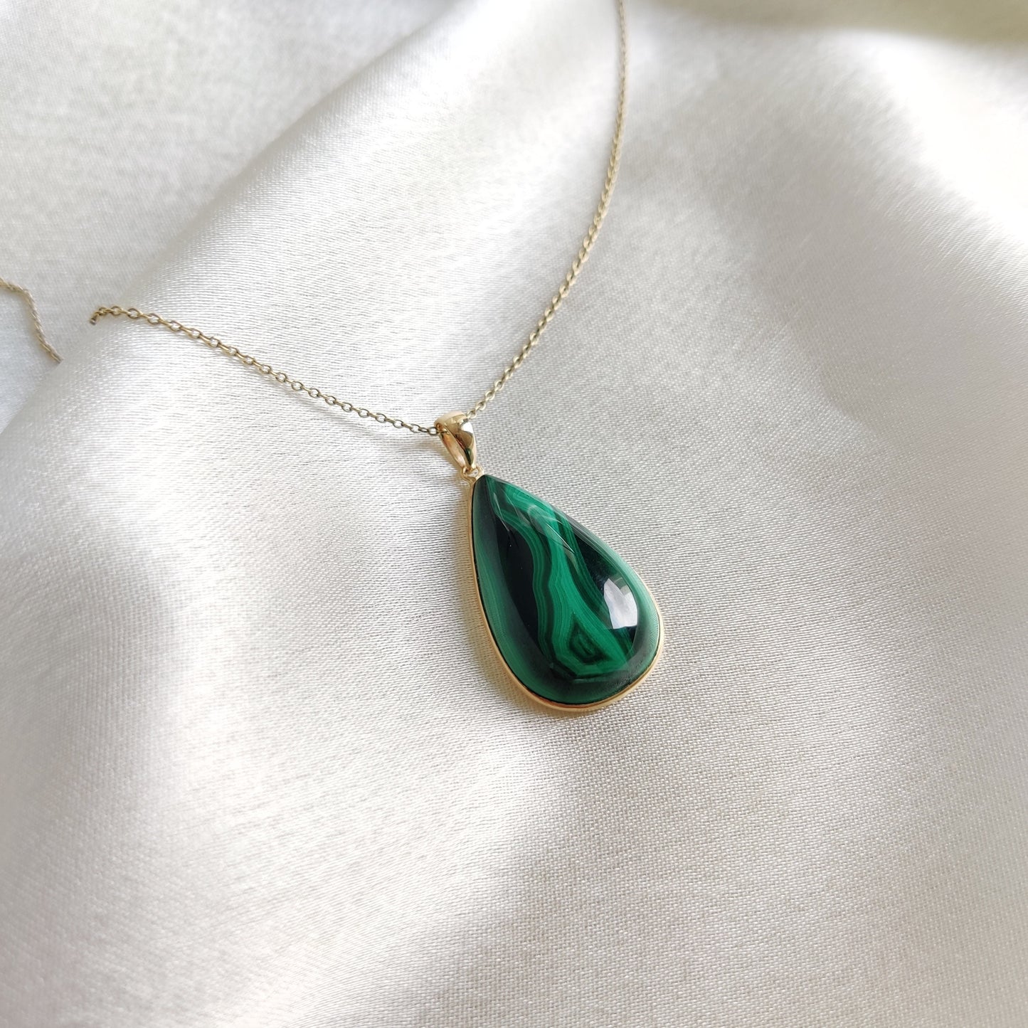 Natural Malachite Pendant, Malachite Pendant Set in 14K Solid Yellow Gold, May Birthstone Pendant, Pear Bezel Pendant, Malachite Jewelry