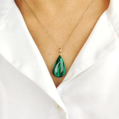 Natural Malachite Pendant, Malachite Pendant Set in 14K Solid Yellow Gold, May Birthstone Pendant, Pear Bezel Pendant, Malachite Jewelry