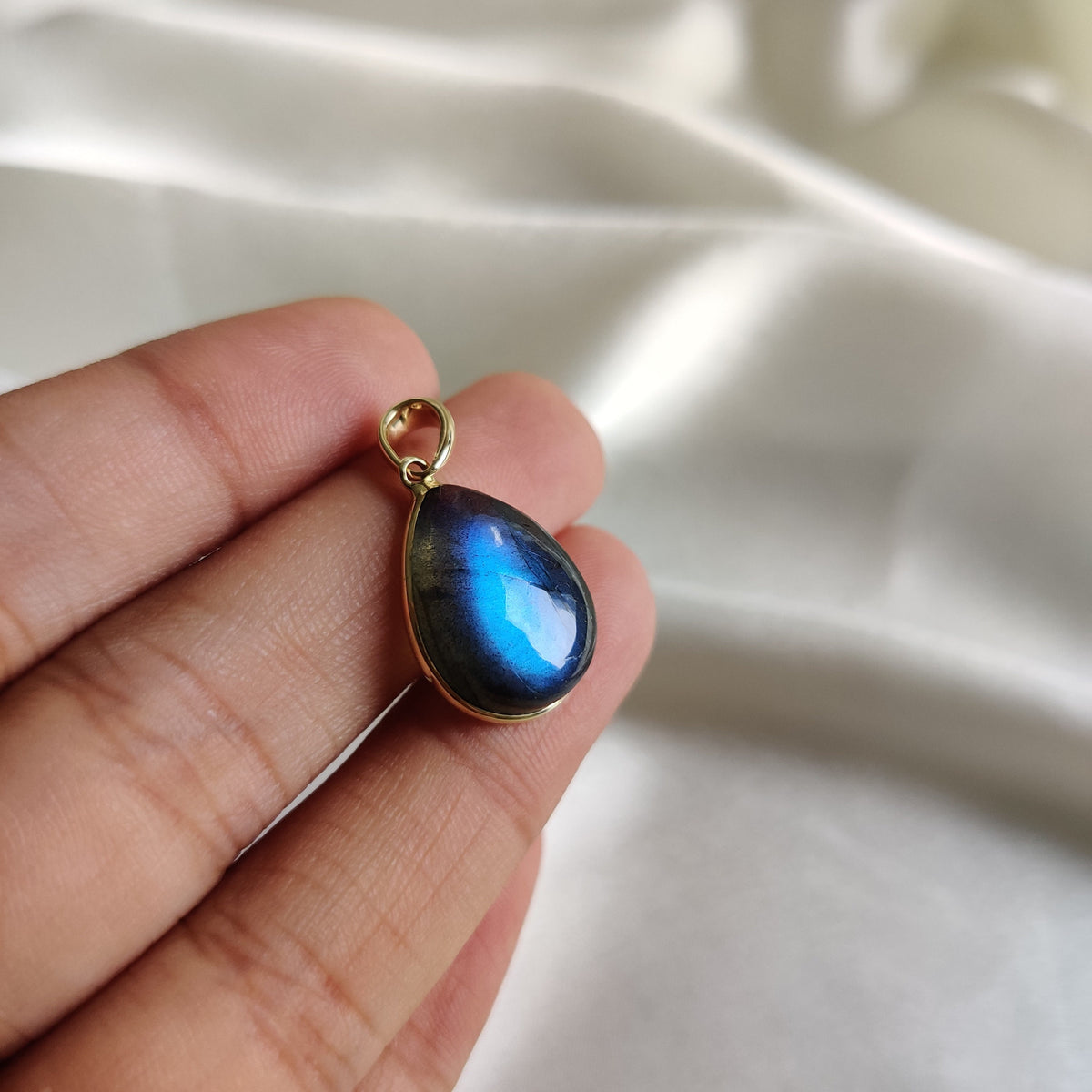 Natural Blue Labradorite Pear Pendant, 14K Solid Yellow Gold Bezel, Christmas Present