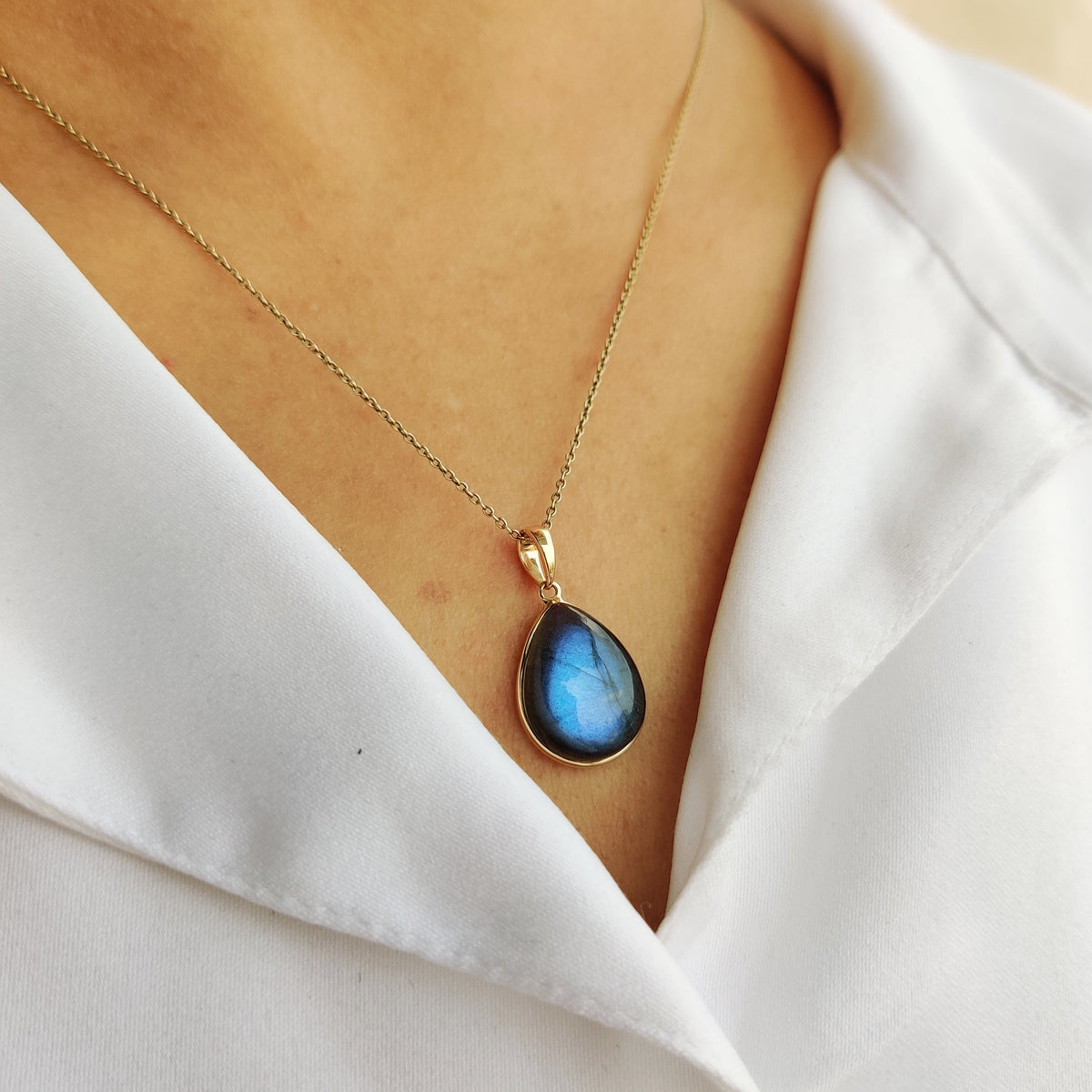 Natural Blue Labradorite Pear Pendant, 14K Solid Yellow Gold Bezel, Christmas Present