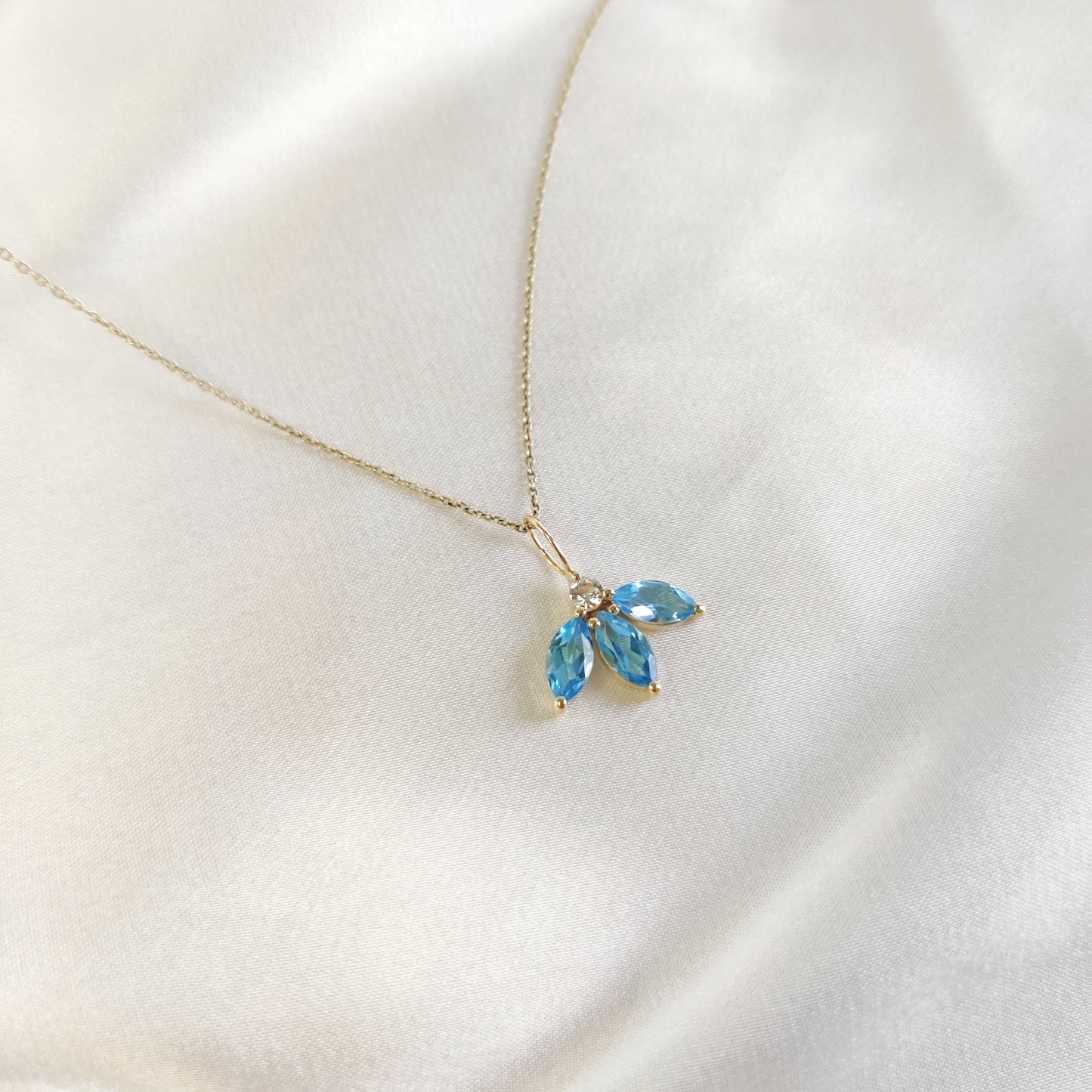 Natural Sky Blue Topaz & White Topaz Pendant, 14K Solid Yellow Gold Pendant, Topaz Petal Pendant, December Birthstone Pendant