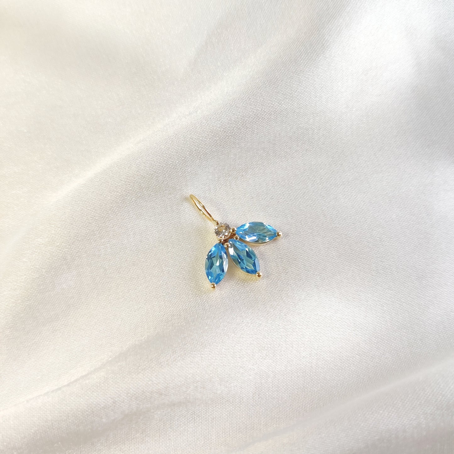 Natural Sky Blue Topaz & White Topaz Pendant, 14K Solid Yellow Gold Pendant, Topaz Petal Pendant, December Birthstone Pendant