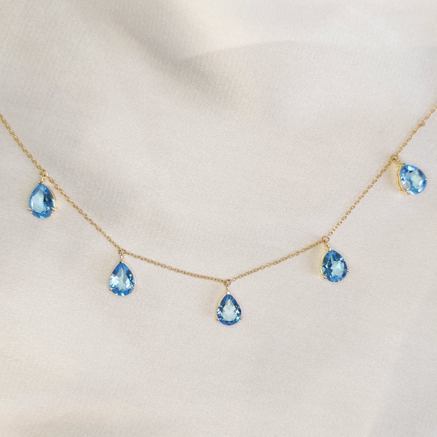 Natural Swiss Blue Topaz Necklace, Topaz Necklace Set in 14K Solid Yellow Gold, December Birthstone Pendant, Pear Cut Blue Topaz Jewelry