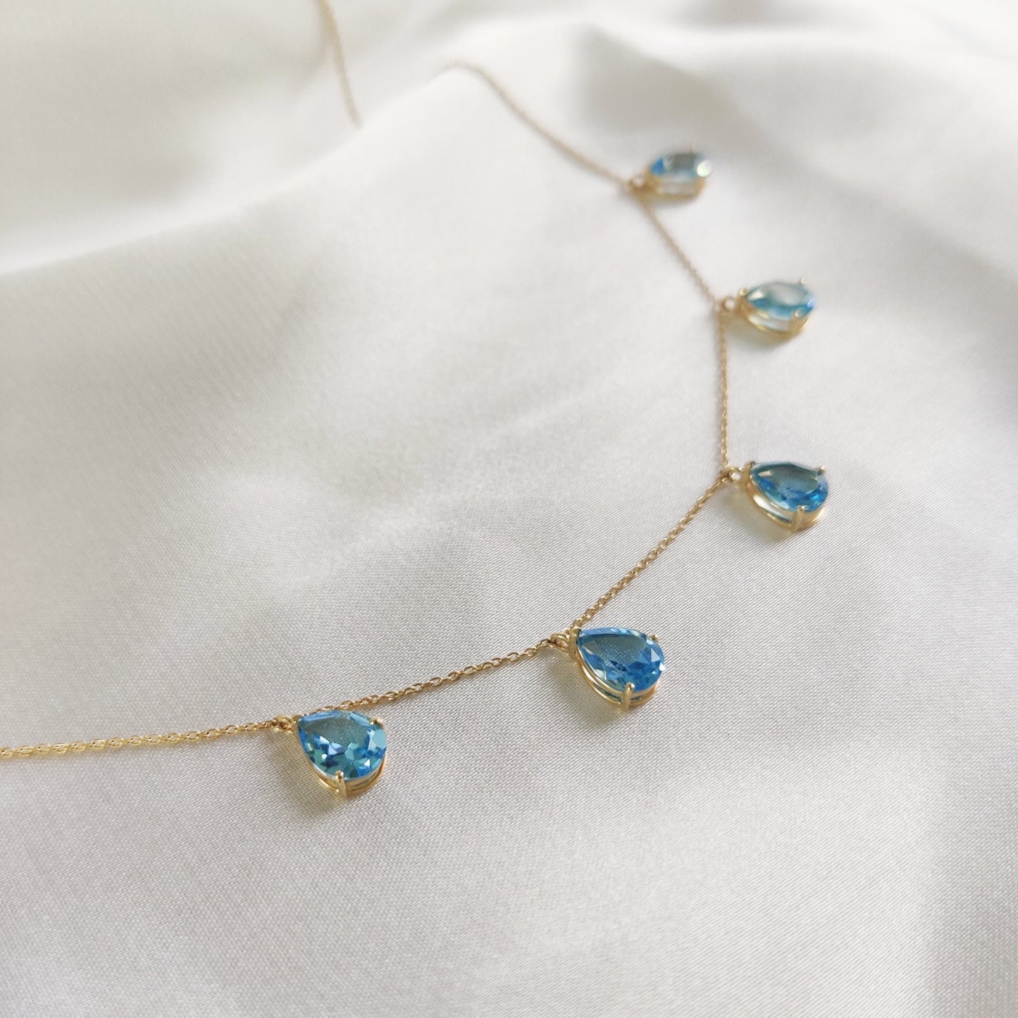 Natural Swiss Blue Topaz Necklace, Topaz Necklace Set in 14K Solid Yellow Gold, December Birthstone Pendant, Pear Cut Blue Topaz Jewelry