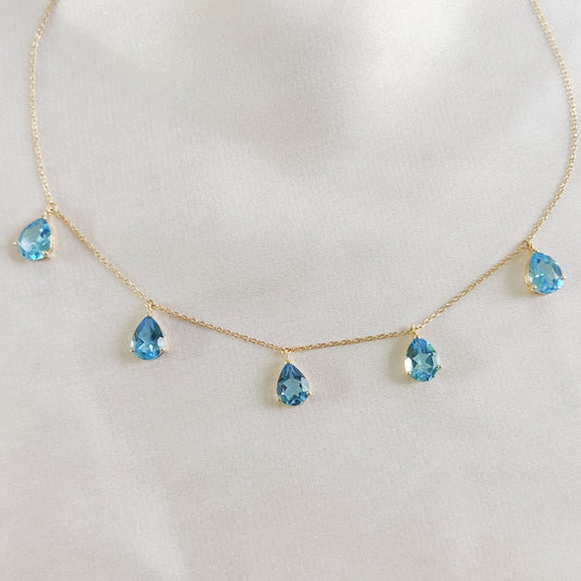 Natural Swiss Blue Topaz Necklace, Topaz Necklace Set in 14K Solid Yellow Gold, December Birthstone Pendant, Pear Cut Blue Topaz Jewelry