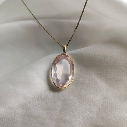 Natural Rose Quartz Pendant, 14K Solid Yellow Gold Rose Quartz Pendant, January Birthstone, Bezel Pendant, Oval Pendant, Christmas Present