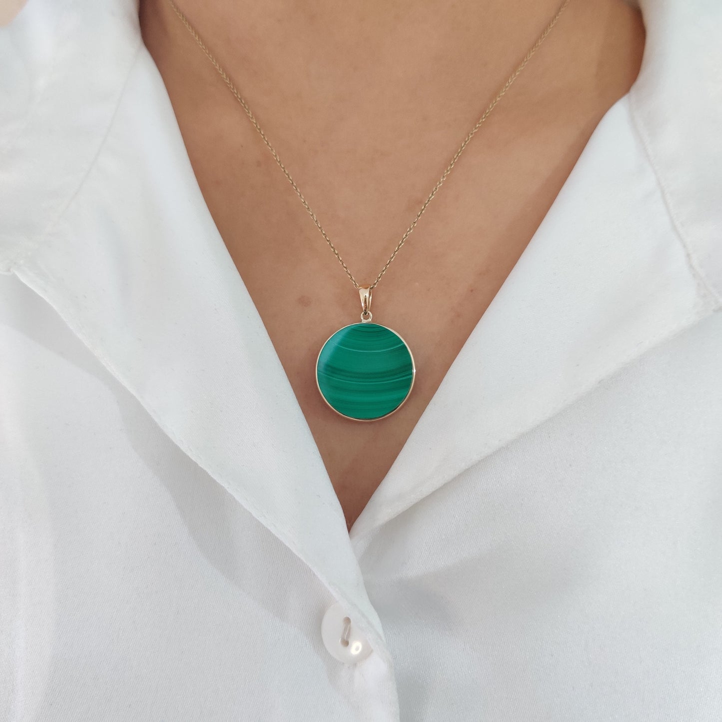 Natural Malachite Pendant, Malachite Pendant Set in 14K Solid Yellow Gold, May Birthstone Pendant, Round Bezel Pendant, Malachite Jewelry