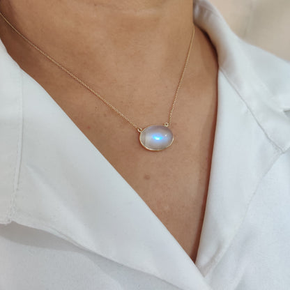 Natural Rainbow Moonstone Necklace, 14K Solid Gold Moonstone Pendant, Yellow Gold Necklace Pendant, Blue Moonstone Jewelry, June Birthstone