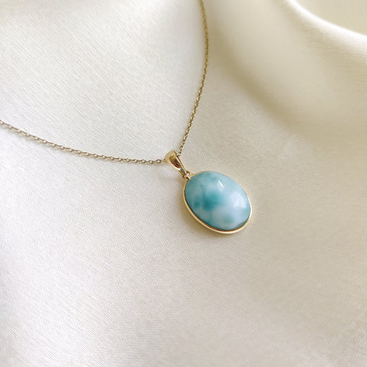 Natural Larimar Pendant, Larimar Pendant Set in 14K Solid Yellow Gold Pendant, March Birthstone Pendant, Oval Pendant, Christmas Gift