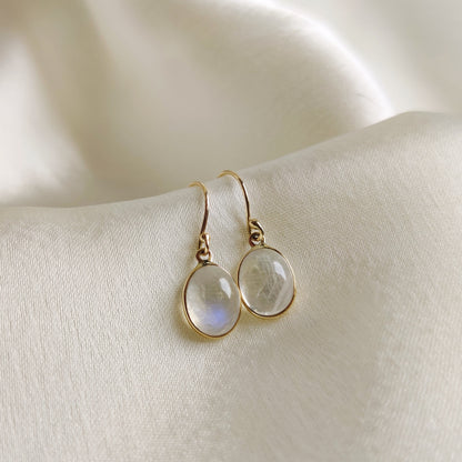 Natural Rainbow Moonstone Earrings, 14K Solid Yellow Gold Moonstone Earrings, Drop Bezel Earrings, June Birthstone, Blue Moonstone Jewelry