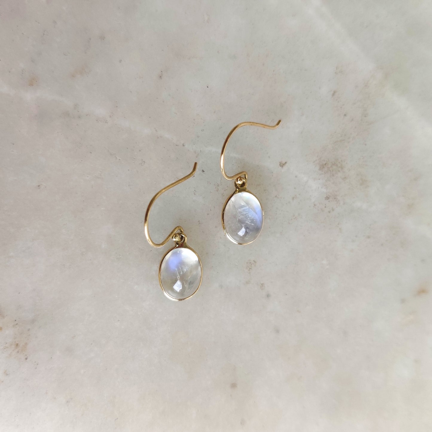 Natural Rainbow Moonstone Earrings, 14K Solid Yellow Gold Moonstone Earrings, Drop Bezel Earrings, June Birthstone, Blue Moonstone Jewelry