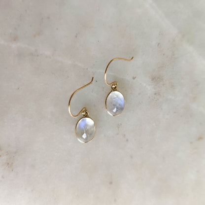 Natural Rainbow Moonstone Earrings, 14K Solid Yellow Gold Moonstone Earrings, Drop Bezel Earrings, June Birthstone, Blue Moonstone Jewelry