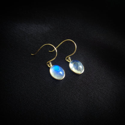 Natural Rainbow Moonstone Earrings, 14K Solid Yellow Gold Moonstone Earrings, Drop Bezel Earrings, June Birthstone, Blue Moonstone Jewelry