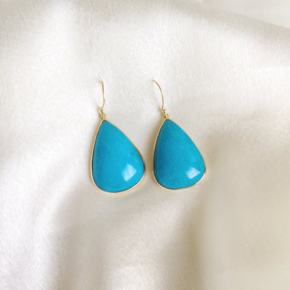 14K Gold Turquoise Earrings, Natural Turquoise Bezel Earrings, 14K Solid Yellow Gold Earrings, December Birthstone, Dangler Earrings