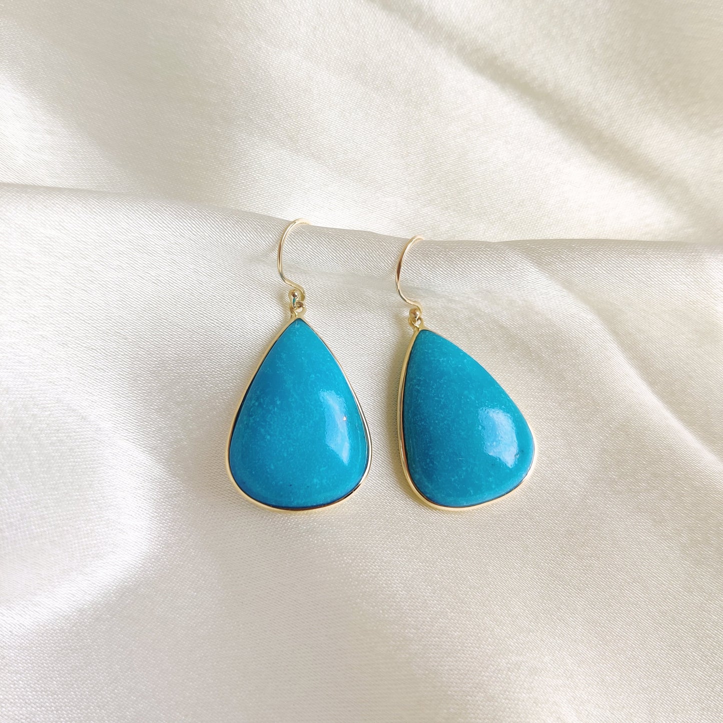 14K Gold Turquoise Earrings, Natural Turquoise Bezel Earrings, 14K Solid Yellow Gold Earrings, December Birthstone, Dangler Earrings