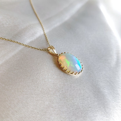 Natural Ethiopion Opal Pendant, 14K Solid Yellow Gold Opal Pendant, October Birthstone Pendant, Crown Bezel Pendant, Opal Jewelry