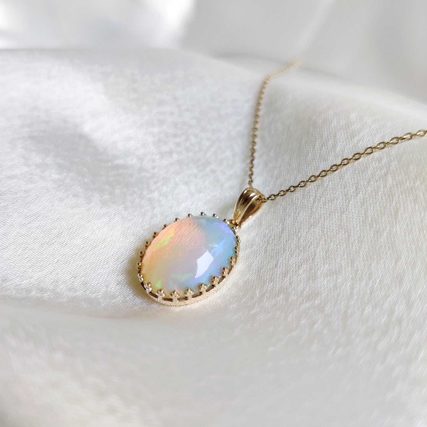 Natural Ethiopion Opal Pendant, 14K Solid Yellow Gold Opal Pendant, October Birthstone Pendant, Crown Bezel Pendant, Opal Jewelry