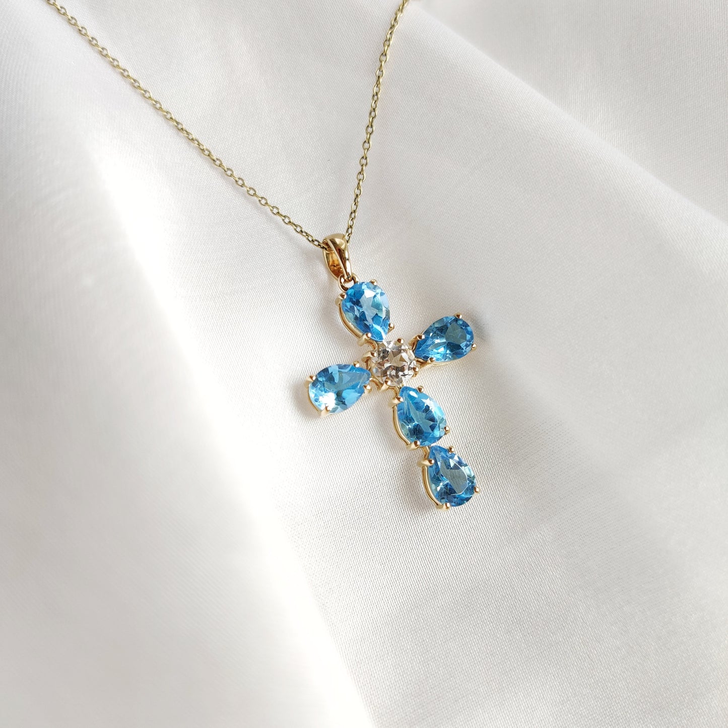 Natural Swiss Blue Topaz Pendant, 14K Solid Gold Swiss Blue Topaz Pendant, Solid Gold Cross Pendant, December Birthstone, Holy Cross Pendant