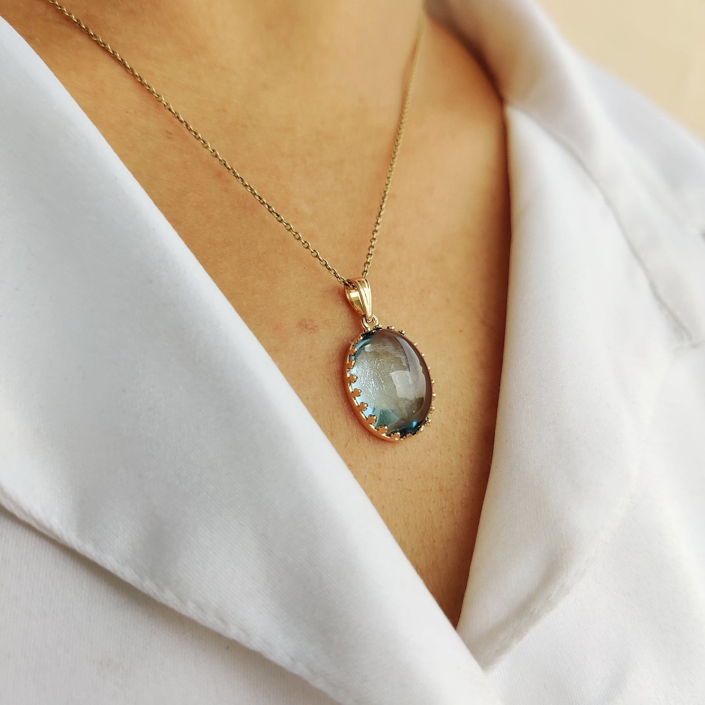 Natural Sky Blue Topaz Pendant, 14K Solid Yellow Gold Blue Topaz Pendant, December Birthstone Pendant, Crown Bezel Pendant, Topaz Jewelry