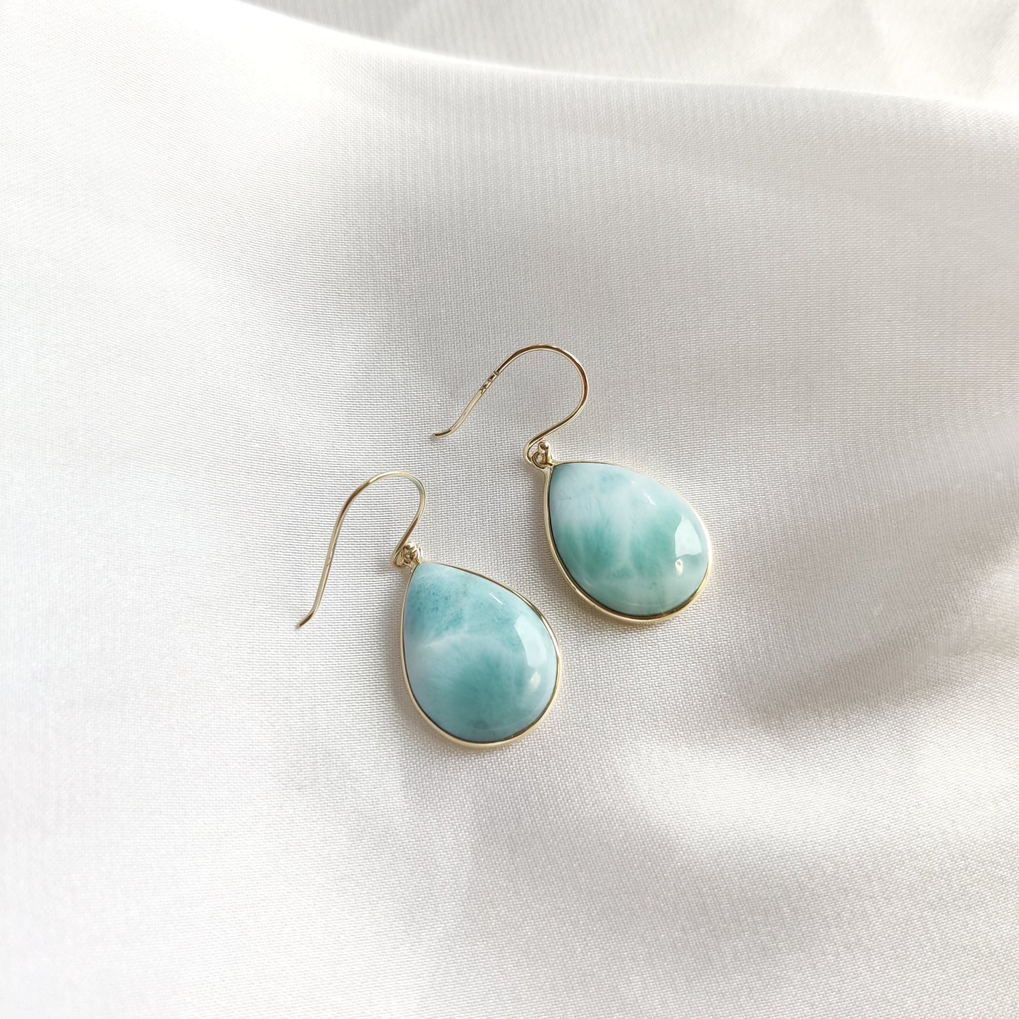 14K Gold Larimar Earrings, Natural Larimar Bezel Earrings, 14K Solid Yellow Gold Earrings, March Birthstone, Drop Earrings, Christmas Gift