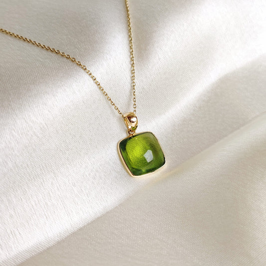 Natural Peridot Pendant, 14K Solid Yellow Gold Peridot Pendant, August Birthstone Pendant, Bezel Pendant, Square Pendant, Christmas Gift