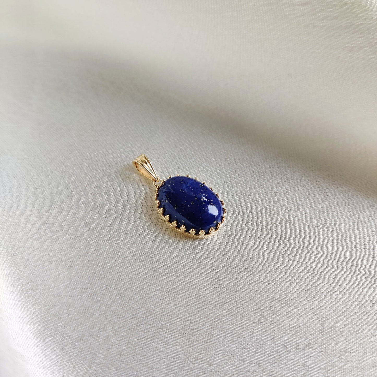 Natural Lapis Lazuli Pendant, 14K Solid Yellow Gold Lapis Lazuli Pendant, September Birthstone Pendant, Crown Bezel Pendant, Oval Pendant