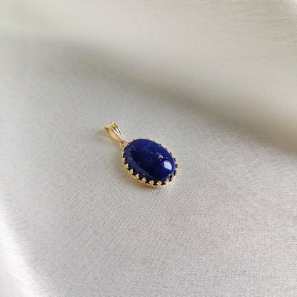 Natural Lapis Lazuli Pendant, 14K Solid Yellow Gold Lapis Lazuli Pendant, September Birthstone Pendant, Crown Bezel Pendant, Oval Pendant