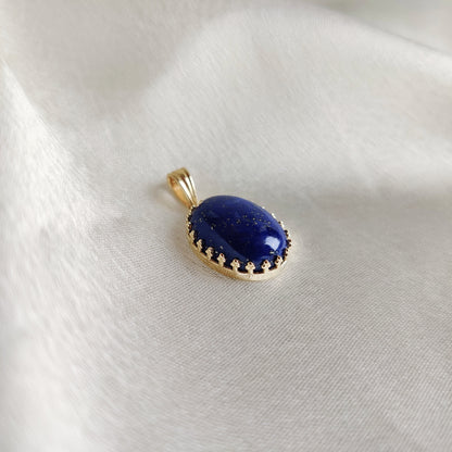 Natural Lapis Lazuli Pendant, 14K Solid Yellow Gold Lapis Lazuli Pendant, September Birthstone Pendant, Crown Bezel Pendant, Oval Pendant