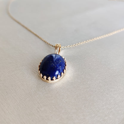 Natural Lapis Lazuli Pendant, 14K Solid Yellow Gold Lapis Lazuli Pendant, September Birthstone Pendant, Crown Bezel Pendant, Oval Pendant